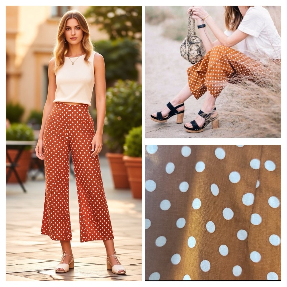 FAITHFULL THE BRAND Tomas 100% Linen Cropped Polka Dot Wide Leg Pants Terracotta